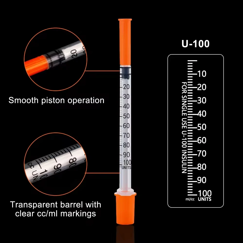 200 Stück Einweg-Insulinspritzen, 1 ml, U-100, verschiedene Größen, 29G/30G/31G, einzeln verpackt, für Labor und zur Fütterung von Haustieren. – Detail 4