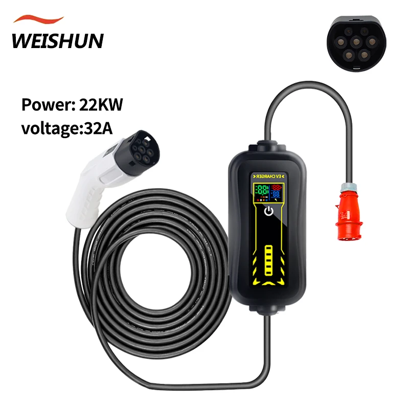 Type2 ev carregador portátil 22kw 32a 3 fases IEC62196-2 esee caixa de carregamento veículo elétrico ev carros carregador cee plug 5m cabo
