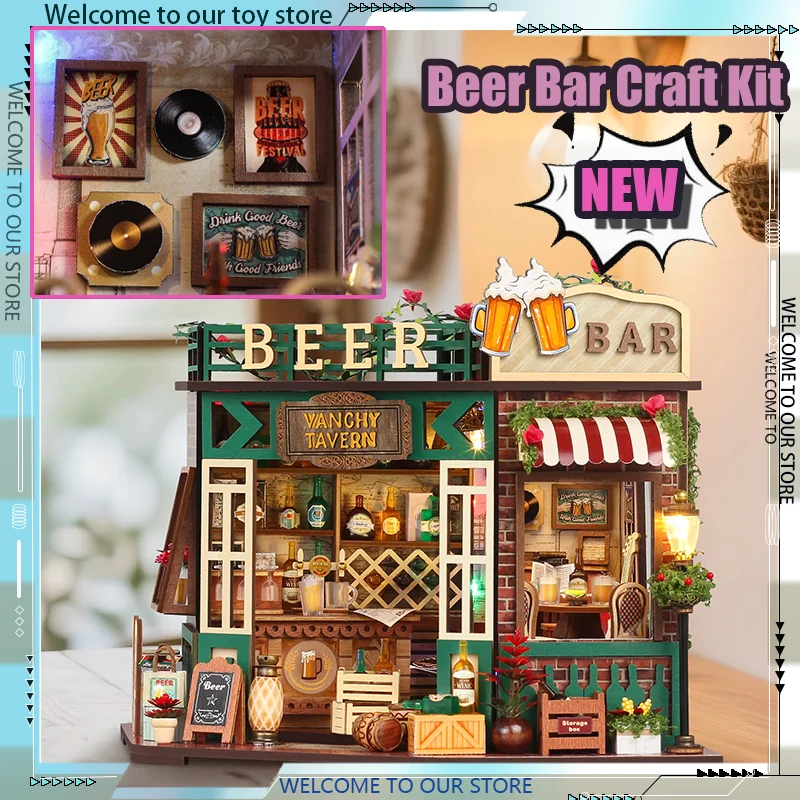 طقم صناعة بيت بيرة صغير يمكنك صنعه بنفسك، نموذج منزل خشبي، مكعبات بناء، صندوق موسيقى، مكعبات تجميع إبداعية يدوية الصنع، ألعاب أطفال، هدية