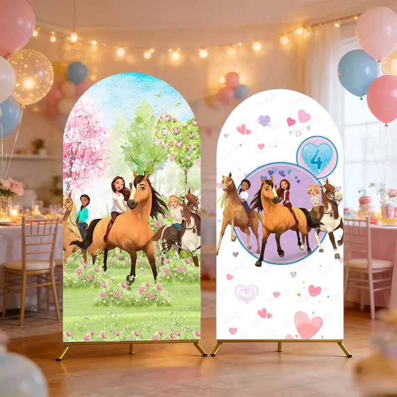 Cartoon Spirit Ride Baby Geburtstag Bogen Hintergrund Pferd Blumen Thema Fotografie Kulisse Party Deko Foto Requisiten