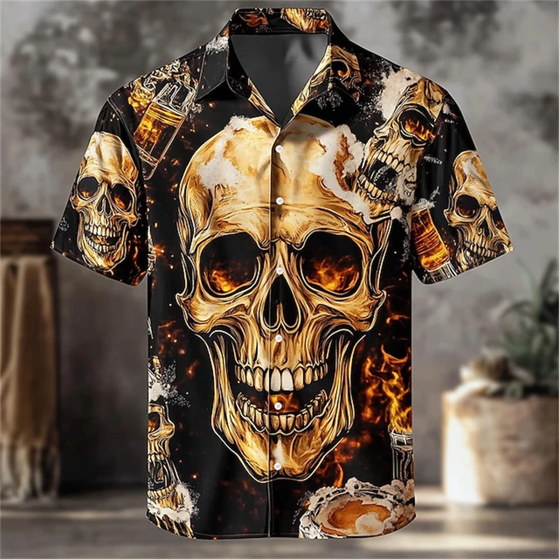 

Halloween Men's Flame Skulls Shirt 3D Printed Button Shirt Short Sleeve Dark Punk Gothic Style Holiday Streetwear Dropshipping