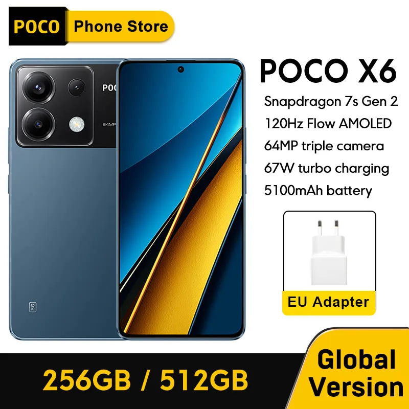 Global Version POCO X6 5G Smartphone 6.67 AMOLED Display Snapdragon 7s Gen 2 120Hz AMOLED Display 64MP Camera OIS 67W Charging