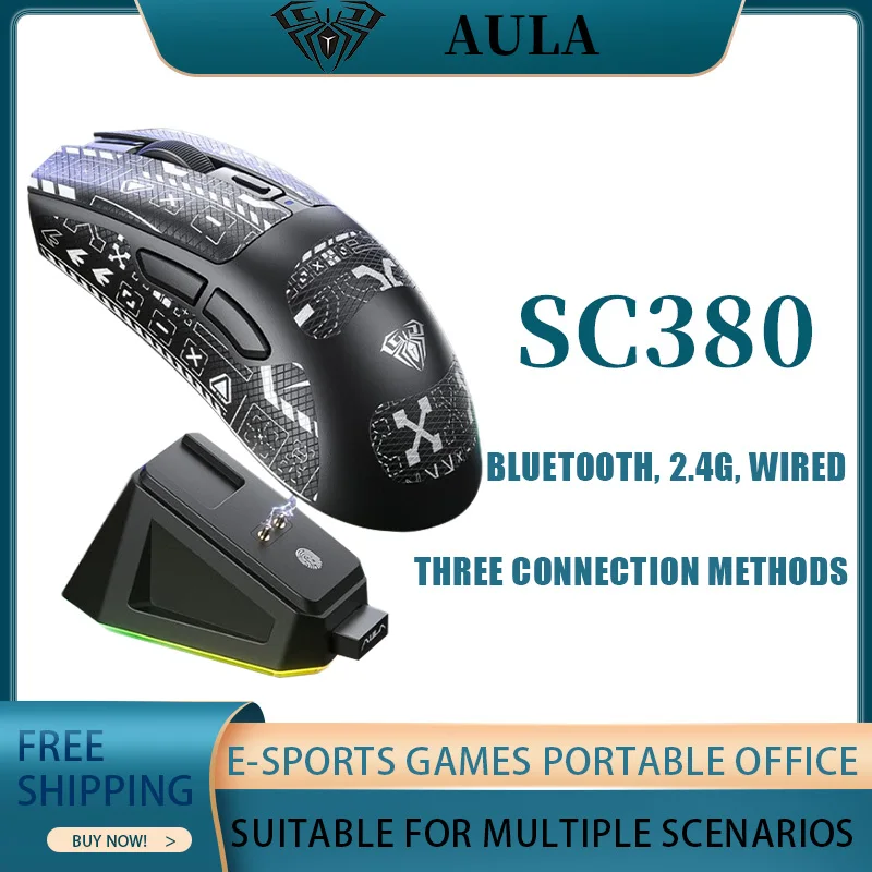 

AULA Sc380 Three-Mode Connected Mouse Electronic Sports Game Portable Office Rgb Charging Base Lightweight Mouse Rich Functions