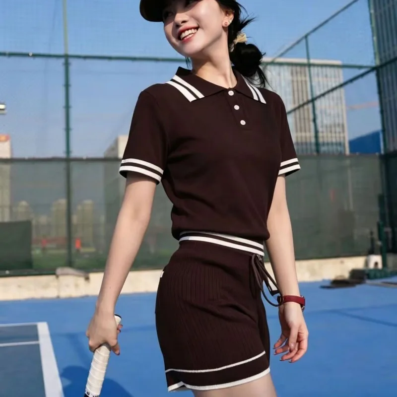 Brown Striped Sportswear Knit 2 Piece Set Summer Women Short-sleeved Top High-waisted Shorts Soft Slim Shorts Set Outfit Trend