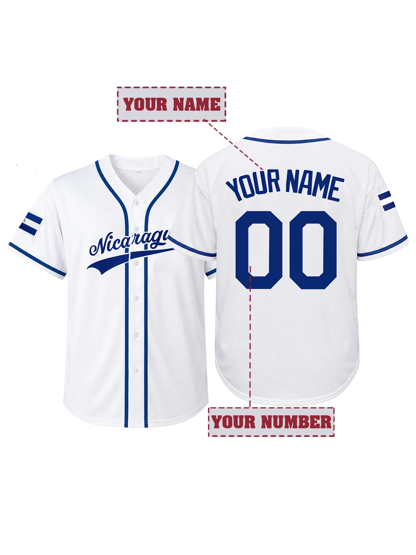 

Custom Nicaragua Baseball Jersey Embroidered Personalized Name Number Men Women Sports Shirt Casual Fan Jersey