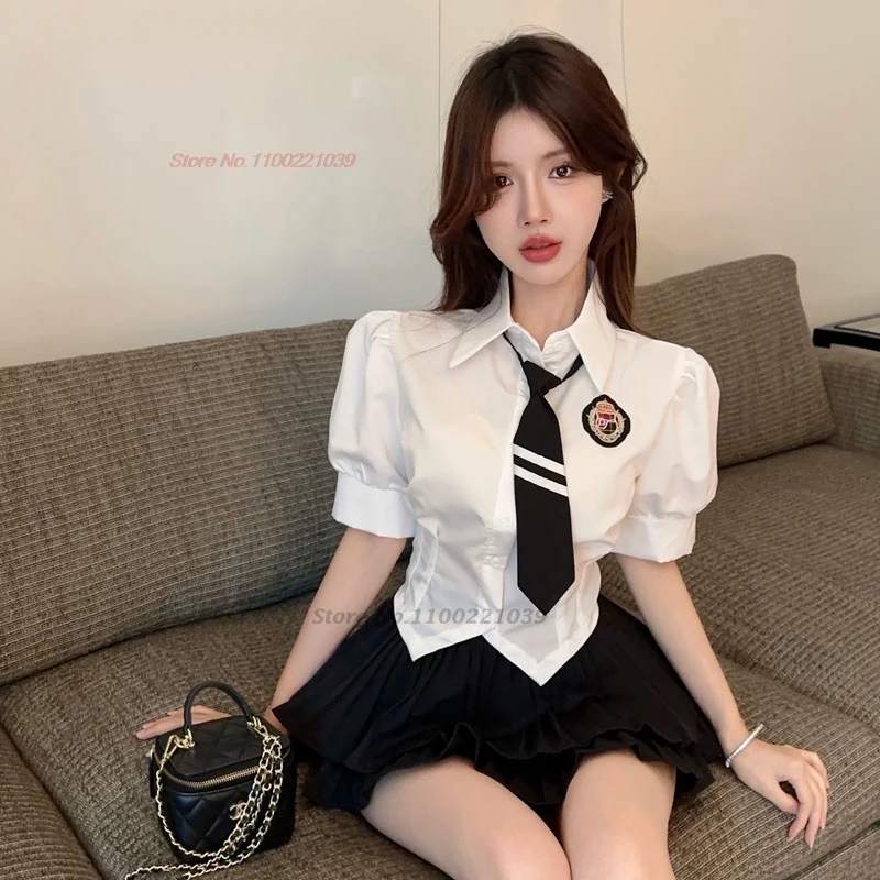 2024 süße Mädchen adrette tägliche JK Uniform Set 2 Stück japanische koreanische Student Kurzarm Bluse Schleife Plaid Falten rock Set