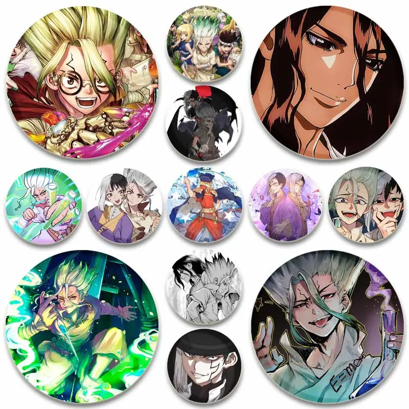 Dr Stone Enamel Pins TV Anime Brooches Ishigami Senkuu/Amber/Kohaku Cartoon Badge Backpack Hat Jewelry Accessories Gifts