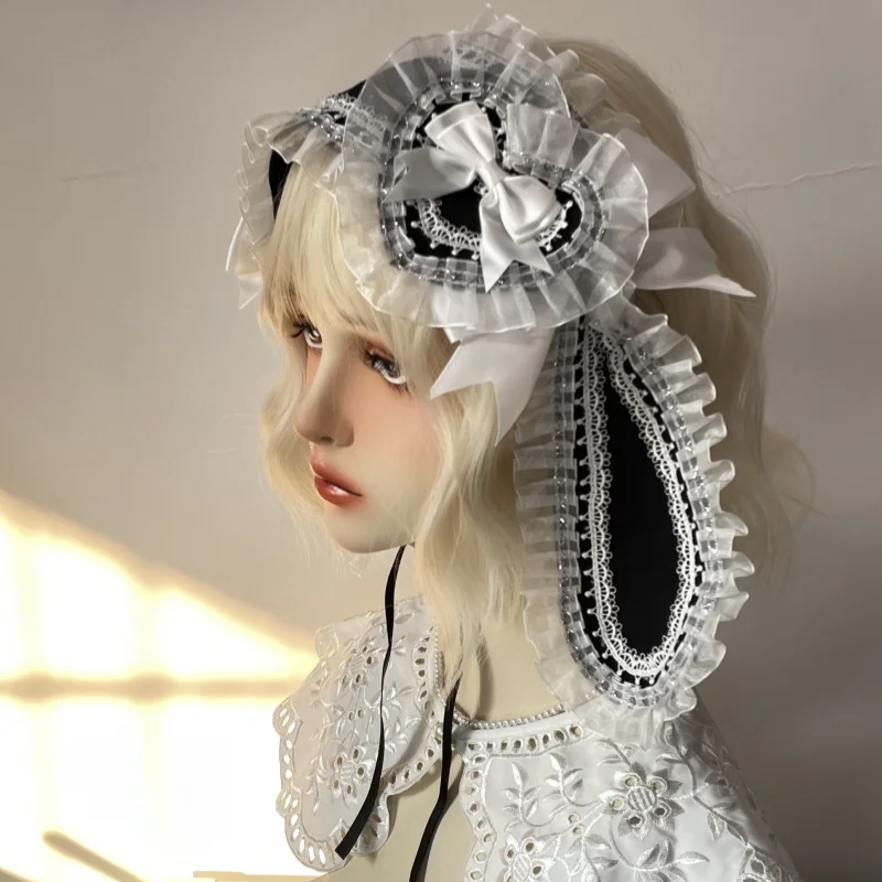 2025 New Gothic Handmade Harajuku Lolita Rabbit Ears Headband Y2K Cute Heart Bow Headband Cosplay Lace KC Headwear for Girl