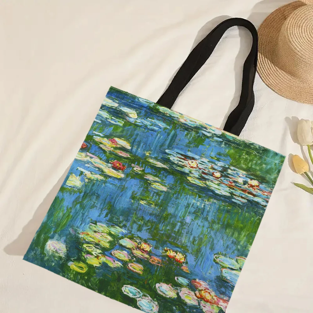 Claude Monet Series Print Canvas Bag, Lightweight Shoulder Bag, Grocery Bag, Multifunctional Handbag For Shopping commercial Use