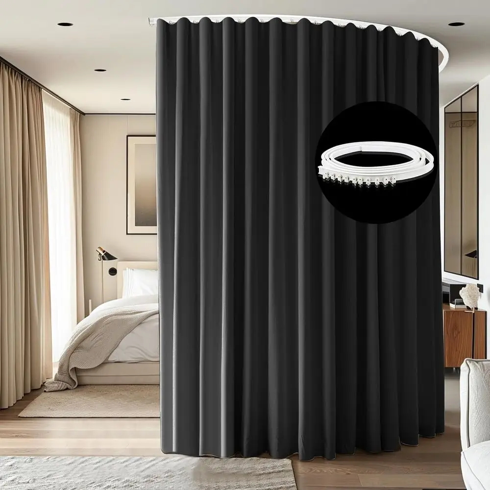 Ceiling-Mounted Wide Blackout Curtain Track Set with 1 Black Panel and White Rail for Bedroom Privacy