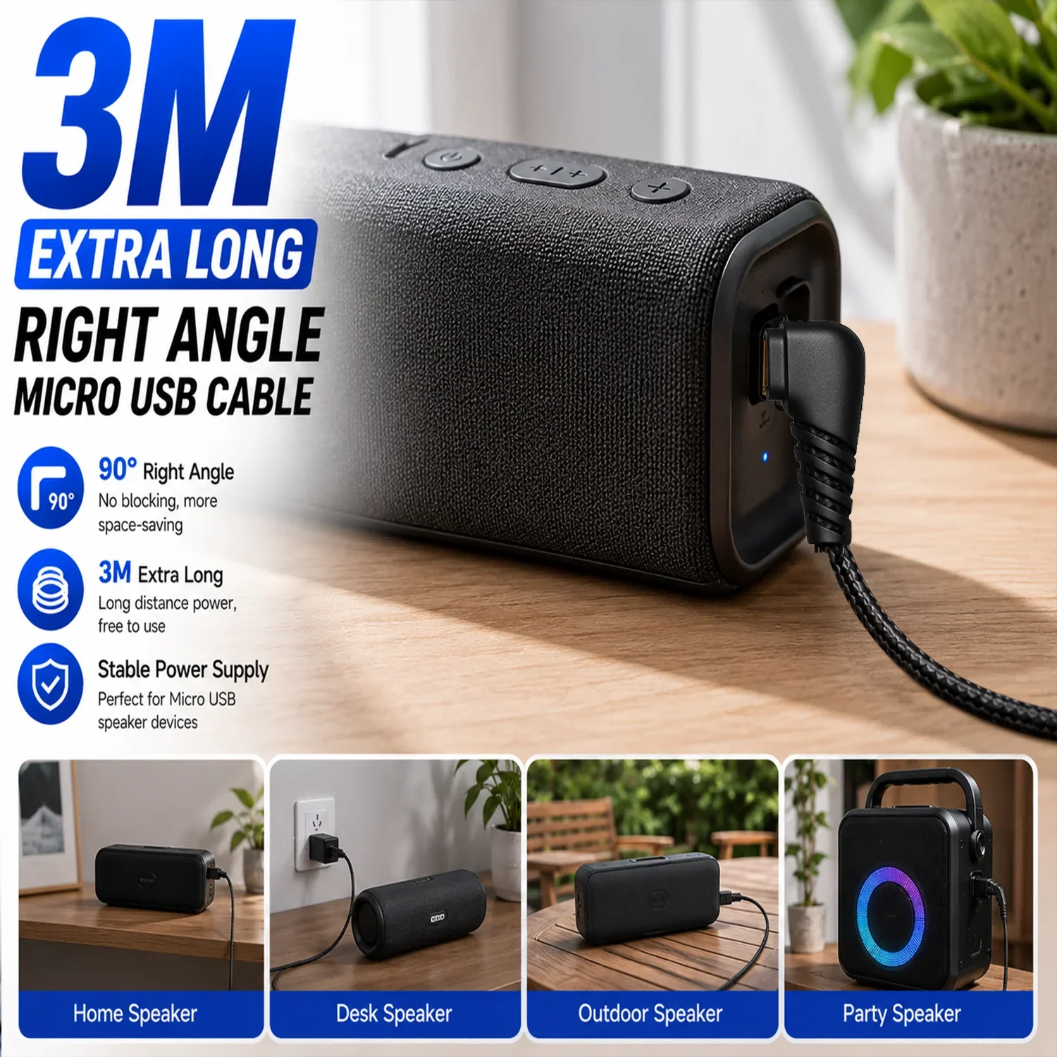 Right Angle Micro USB Cable 3M Extra Long, 3A Fast Charging Braided Charger for PS4 DualShock 4, Speaker, GPS, Android Box view 4