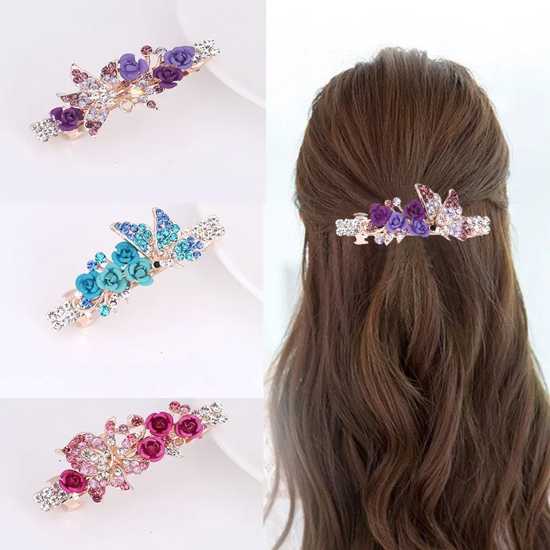 Small Rose Flower Rhinestone Butterfly Hairpin Headgear Ladies Spring Clip Top Clip Horizontal Clip