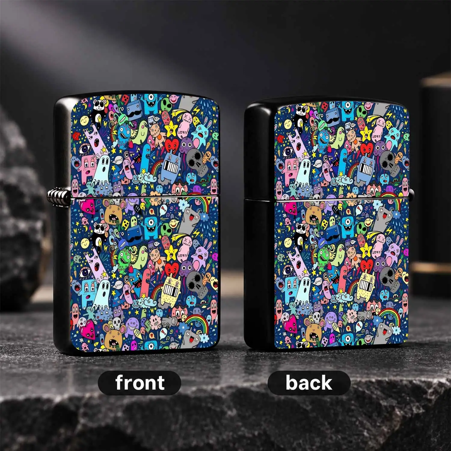 Fun Doodle Style Cute Whimsical Monster Print Lighter, Full Coverage Unique Trendy Pattern, Portable Versatile Igniter Suitable For All Daily Scenarios, Perfect For Gifting, Personal Collection, Carry Around Cute Decorative Practical Access