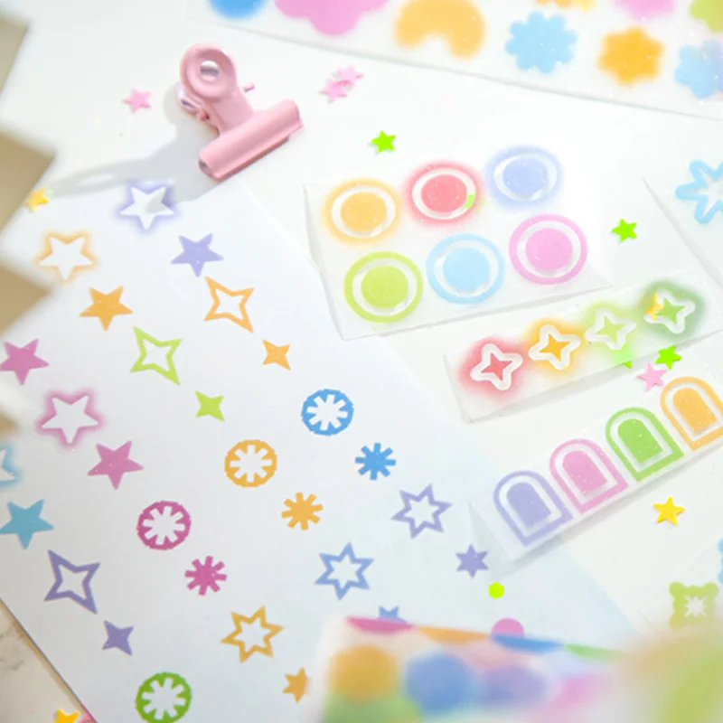 Taśma Mr. Paper, 200 cm/rolka, proste geometryczne wzory, kolorowe gwiazdy, księżyce, ilustracje, taśma z folii piaskowej, do rękodzieła domowego, dekoracji DIY, prezenty.