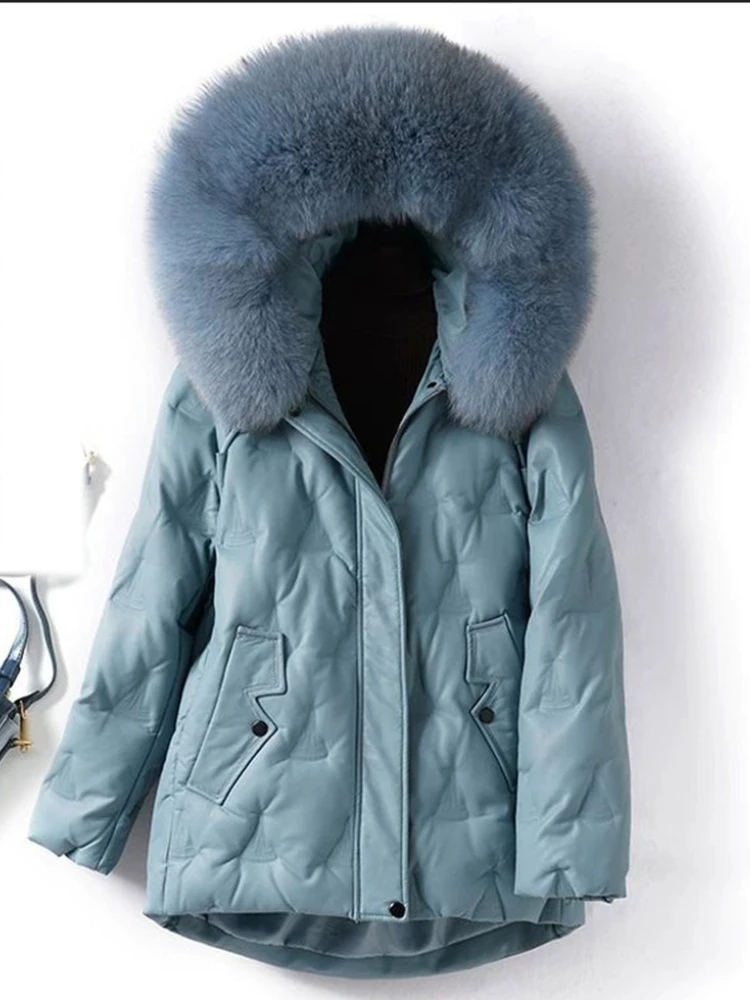 Hooded fox fur collar white duck down leather down jacket winter new solid color solid casual versatile simple commte jacket