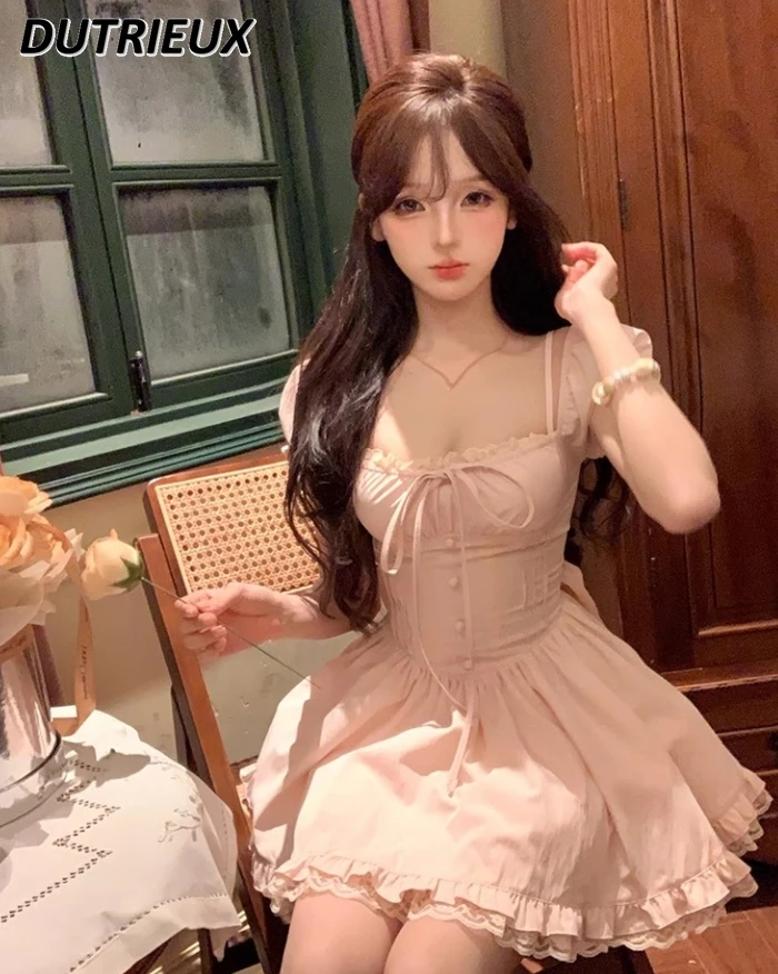 Summer Pink Plump Girls French Sweet Square Collar Bow Dress Women\'s Design Sense Short Sleeve Fitted Waist Bubble Dresses