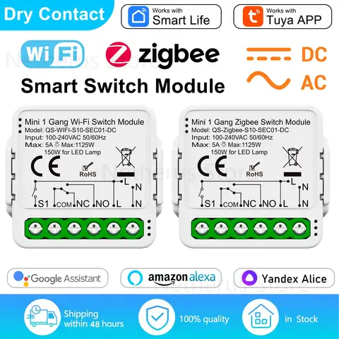 Tuya Smart WiFi ZigBee Switch Module 5A Dry Contact Universal Breaker Relay DC 12/24V AC 100-240V Works with Google Home Alexa
