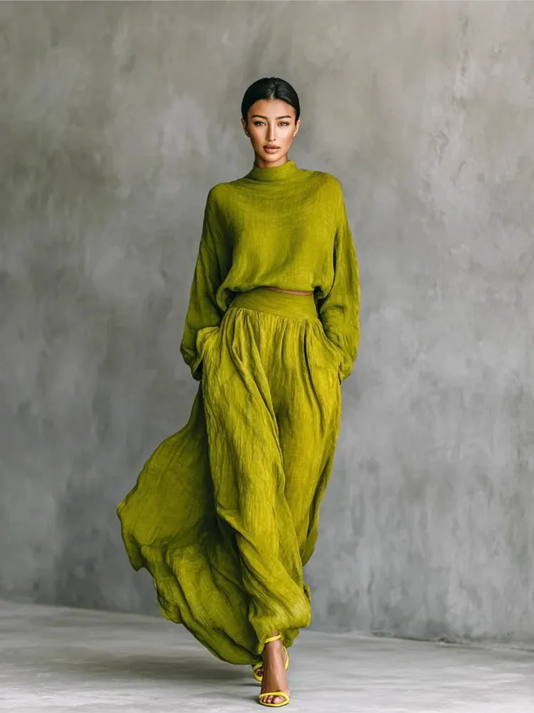 New Retro Solid Woman Elegant O Neck Long Sleeve Top Pullovers And Pleated Skirts Suits Spring Autumn Loose Part Two Piece Set