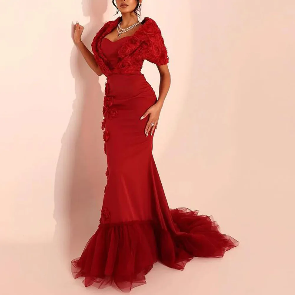 Abiti da sera personalizzati con fiori di rosa rossa Cape Skeeve Abito da festa di compleanno a sirena Abito in tulle con strascico فساتmavera