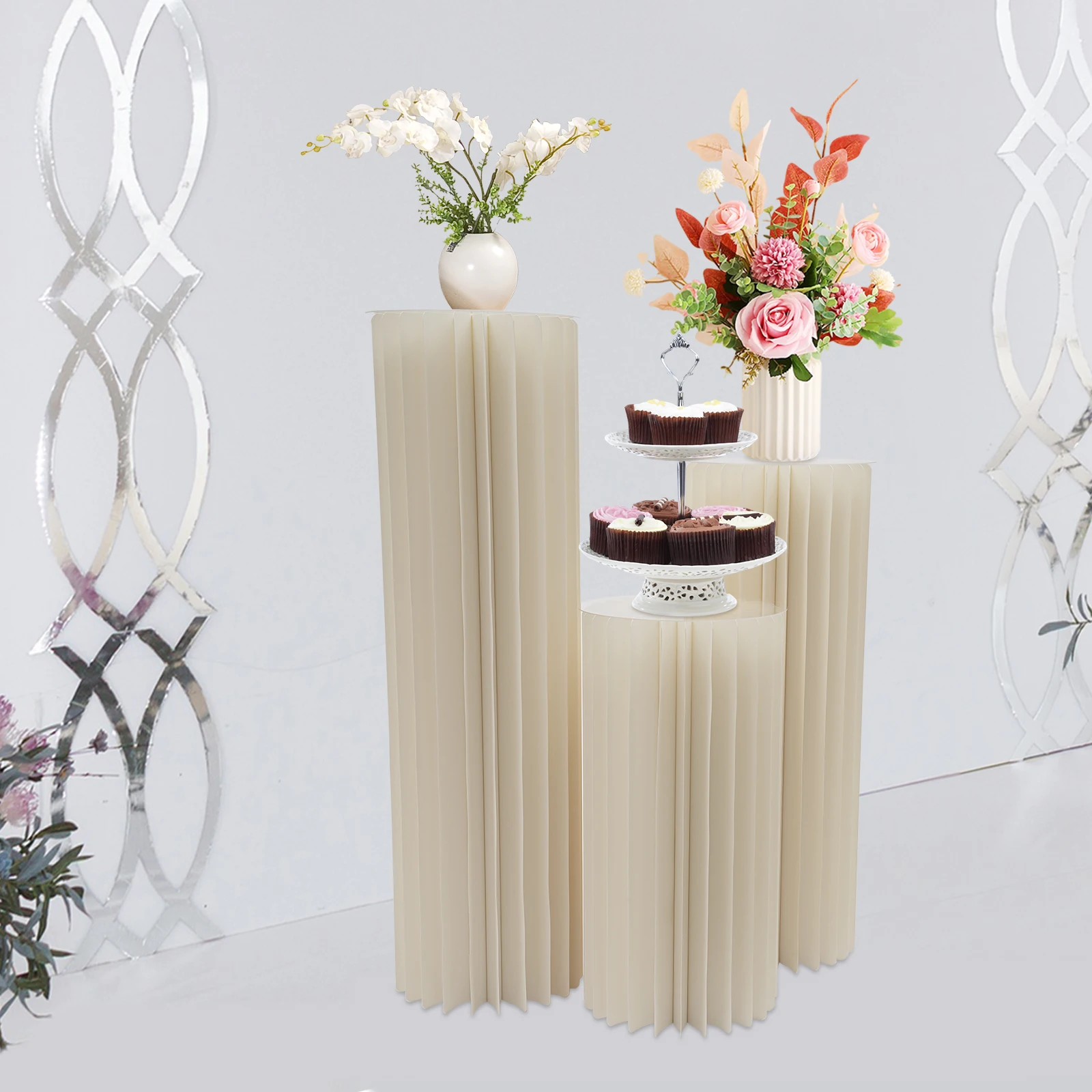 3Pcs Foldable Cardboard Centerpiece Display, Cylinder Flowers Stand, Columns Display for Wedding Party Garden Decoration