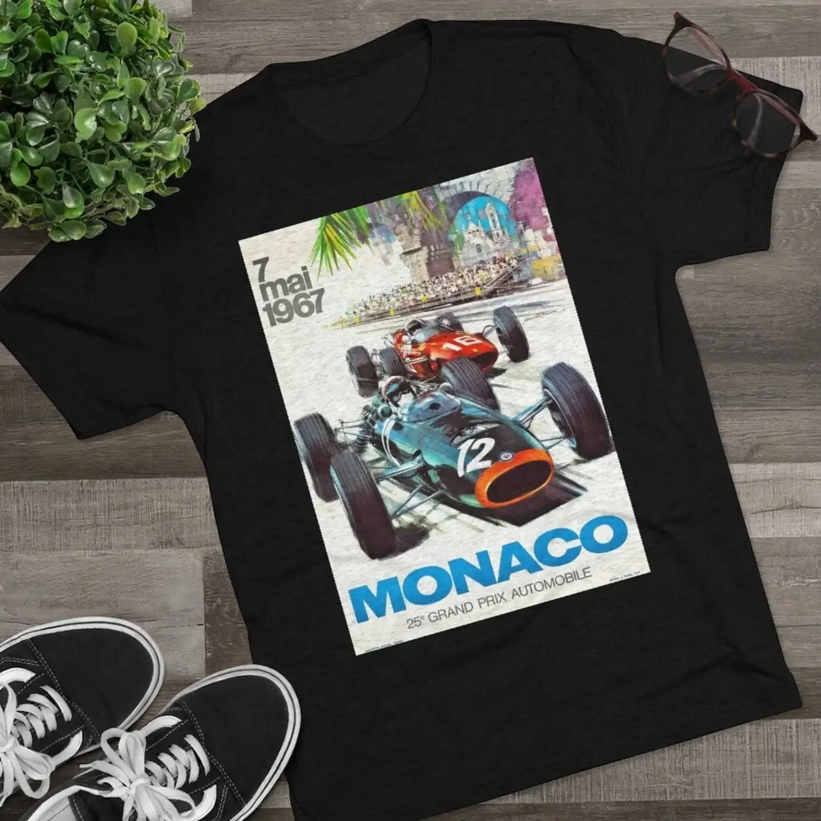 MONACO 1969 GRAND Prix Poster Design Tri blend Crew T Shirt vintage Washed designer clothes Breathable streetwear Soft