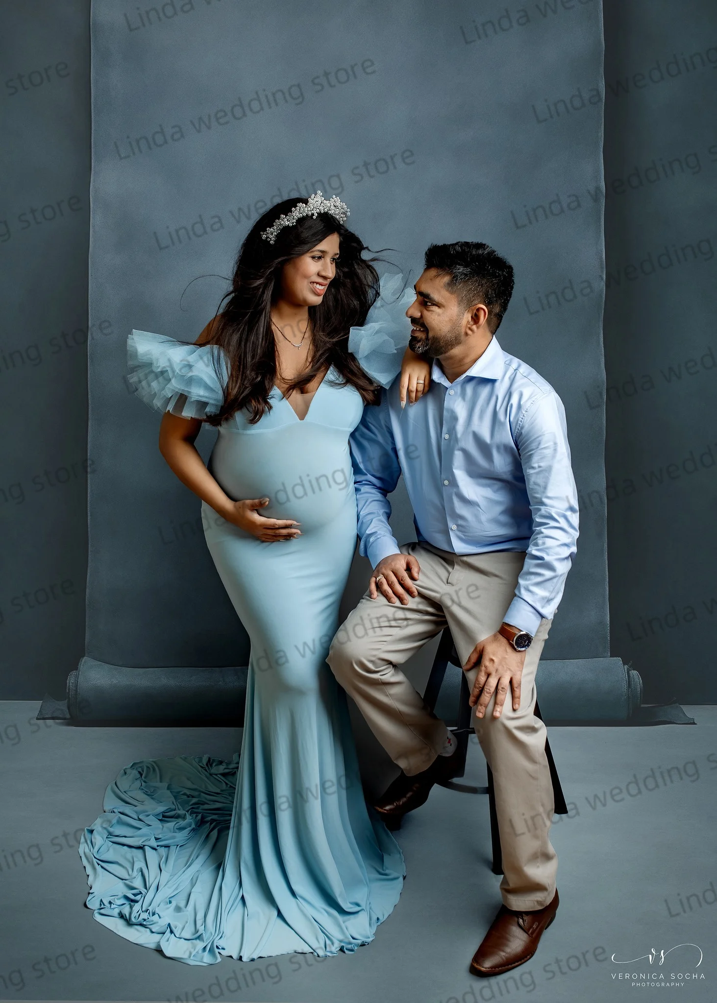 Sky Blue Mermaid Prom Dresses Women Pregnancy Maternity Photo Robes Vintage Sleeveless Vestidos Floor Length Baby Shower Gowns