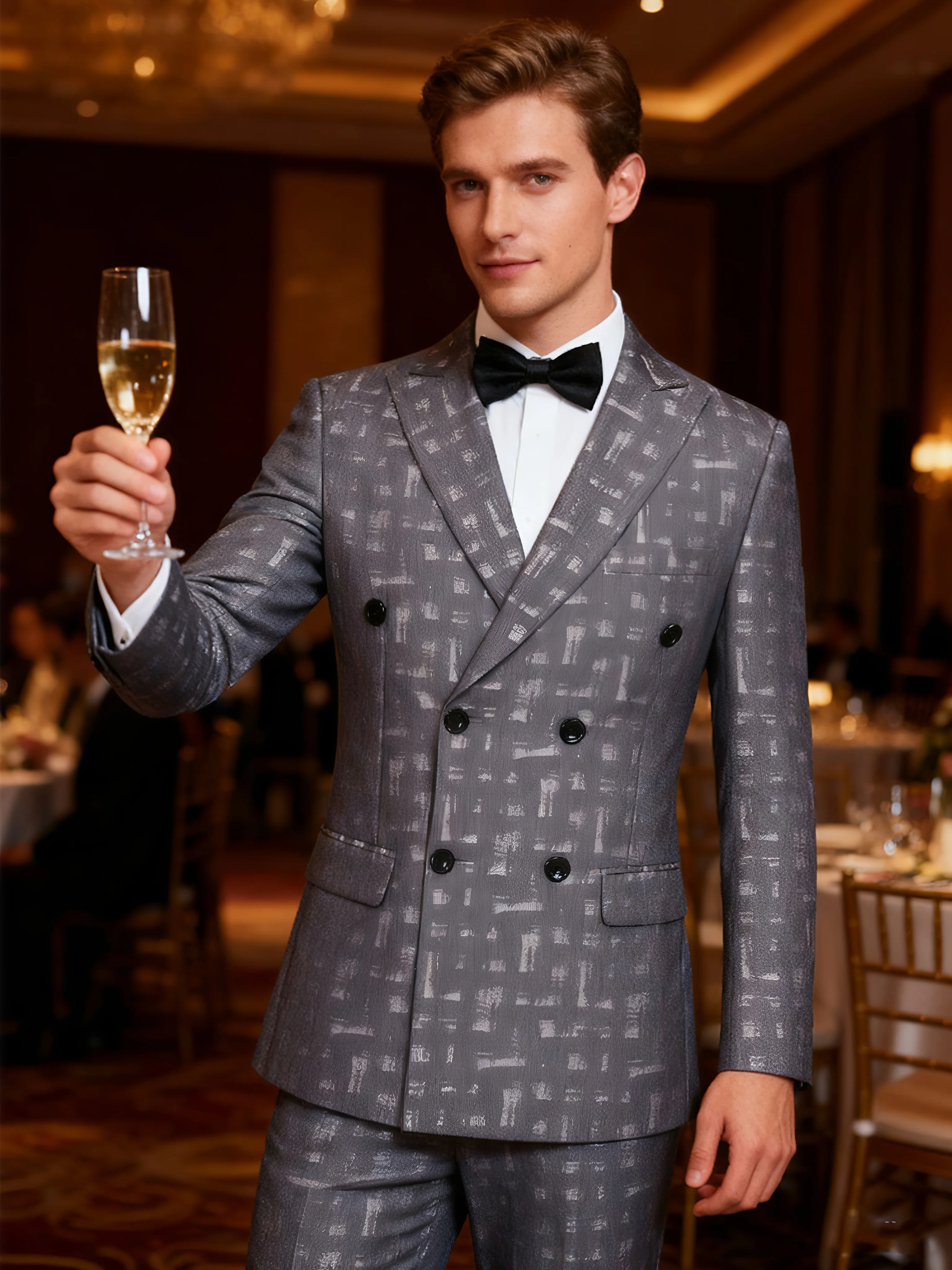 Conjunto de dos piezas de jacquard con top y pantalones para hombre, traje ajustado con doble botonadura, chaqueta, pantalones largos, informal, para boda, negocios