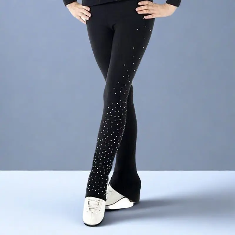 Customized Ice Skating long Pants Figure Skating Costume Trousers Adult Child Competition Performance Black Shiny rhinestone