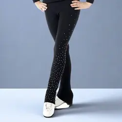 Customized Ice Skating long Pants Figure Skating Costume Trousers Adult Child Competition Performance Black Shiny rhinestone
