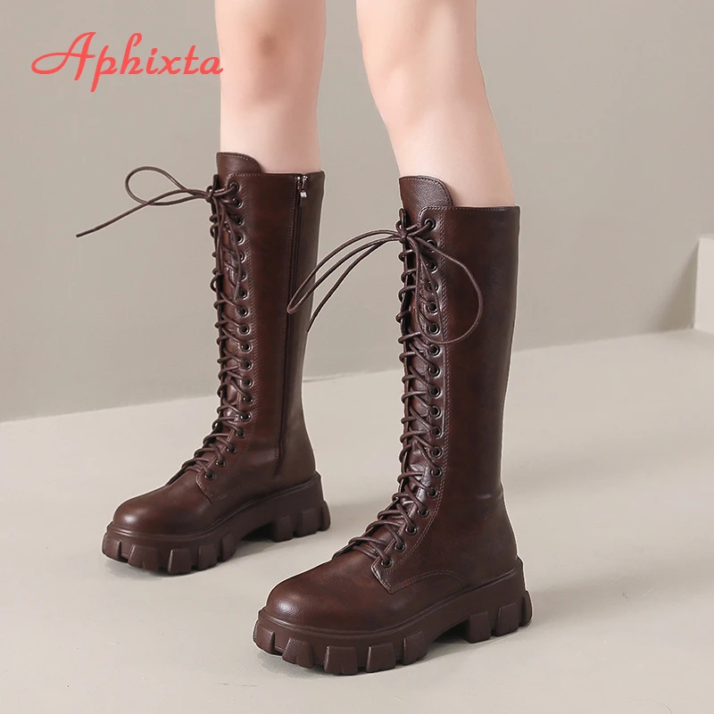 Aphixta 2025 Winter Shoes Women's Long High Boots Brown PU Leather Knee High Boots Female Fashion Lace Up Platform Botas Mujer