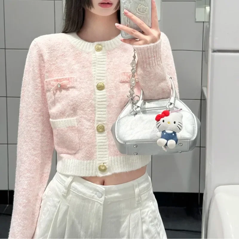 Japanese Sweet Contrast Color Patchwork Long-sleeved Cardigan Women 2025 Spring New O-neck Multi-button Casual Knitted Tops