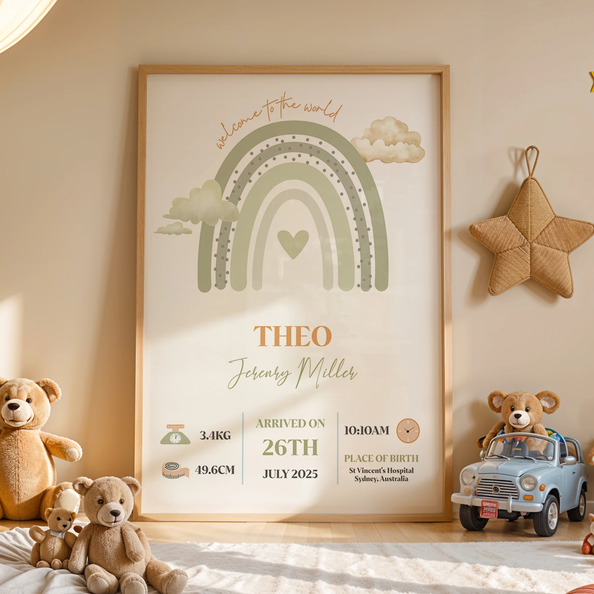 ภาพพิมพ์ติดผนังลายสายรุ้งสีเขียว พร้อมชื่อและวันเกิดแบบกำหนดเอง สำหรับตกแต่งห้องนั่งเล่น ห้องเด็ก ของขวัญตกแต่งบ้าน