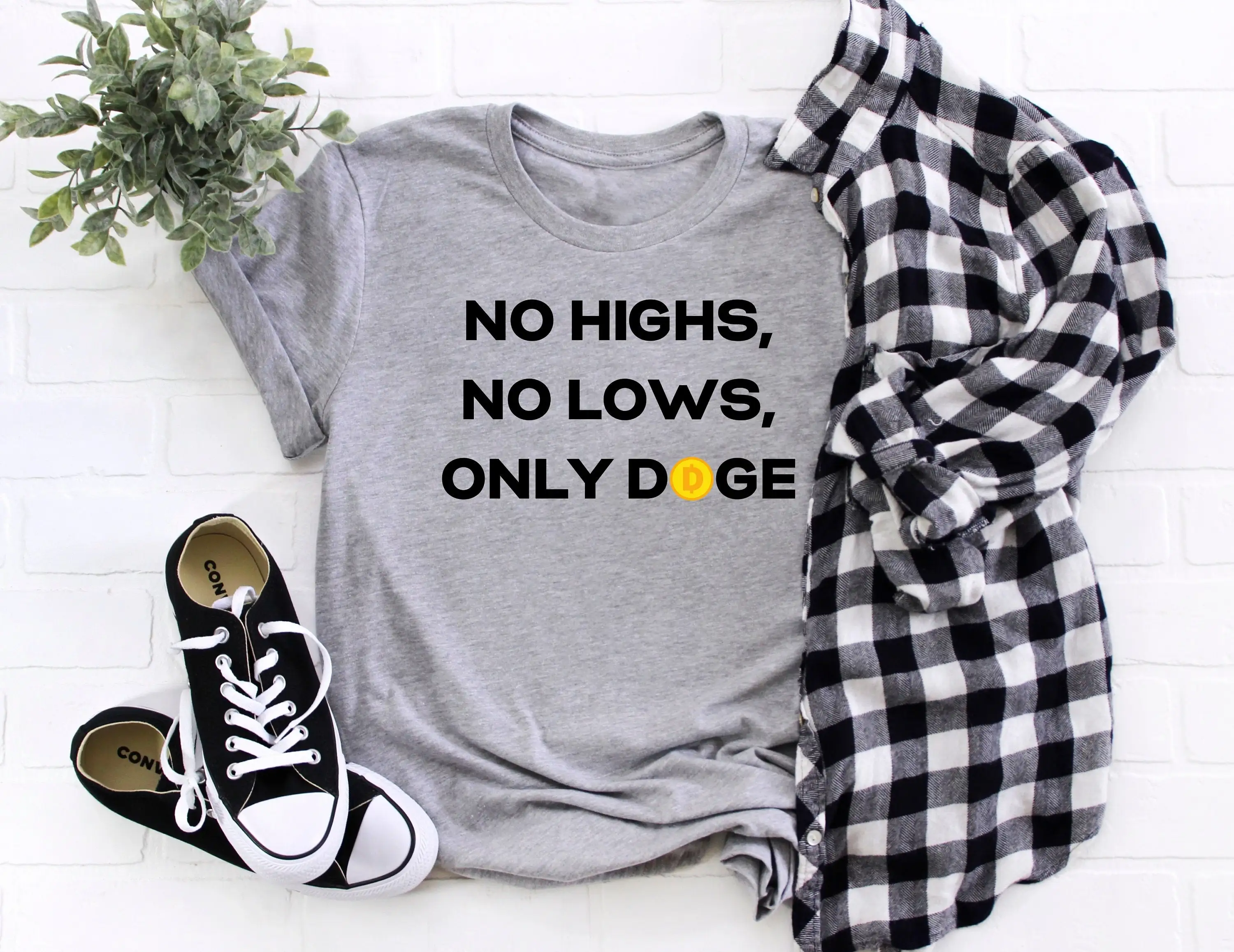 

Funny Dogecoin T Shirt Crypto Doge Elon Musk Humor To The Moon No Highs Lows Only