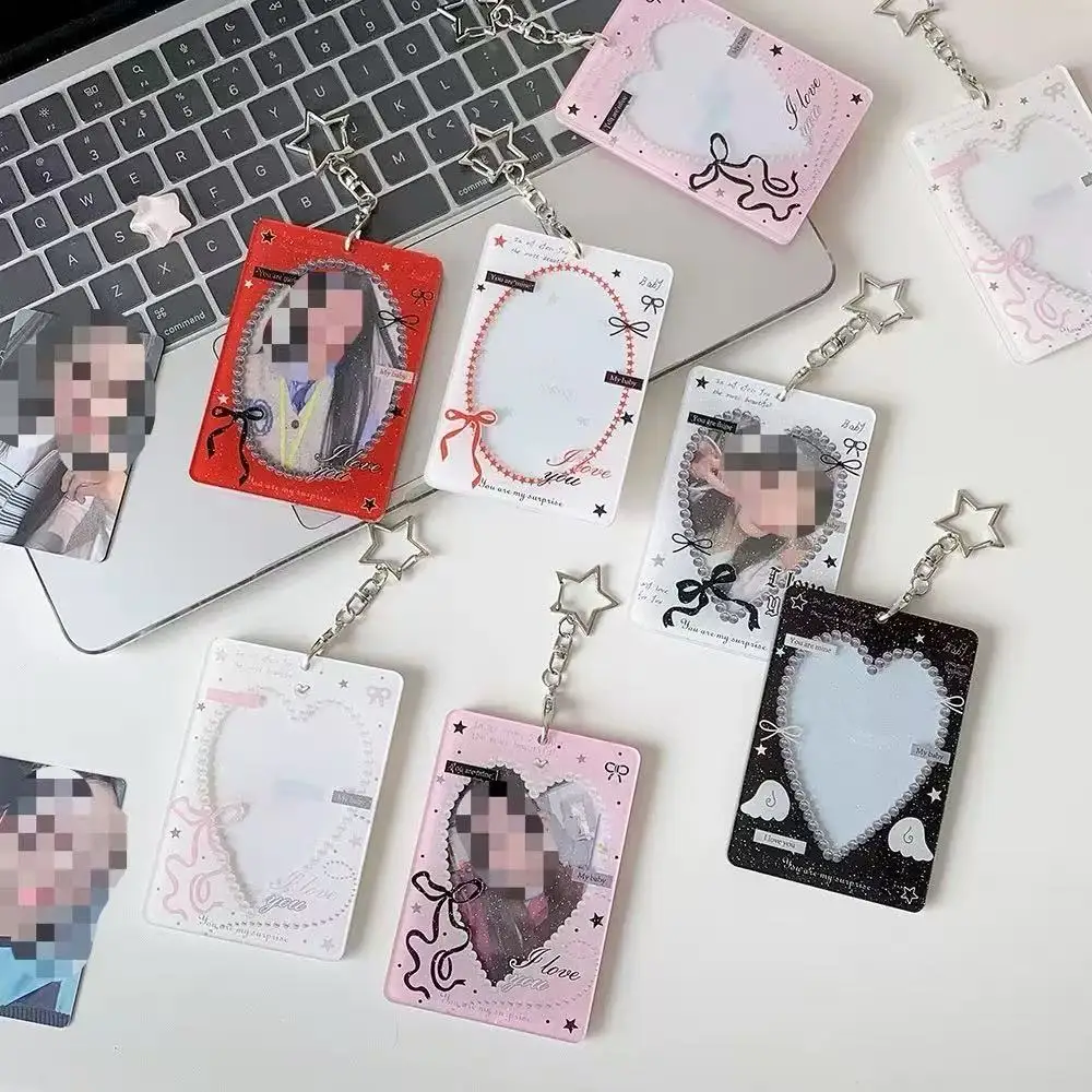 1-2pcs INS Fashion Hollow Heart 3in Card Holder Cute Girls Idol Photo Storage Card Bag Decoration Student Pendant Keychain Gifts image 3