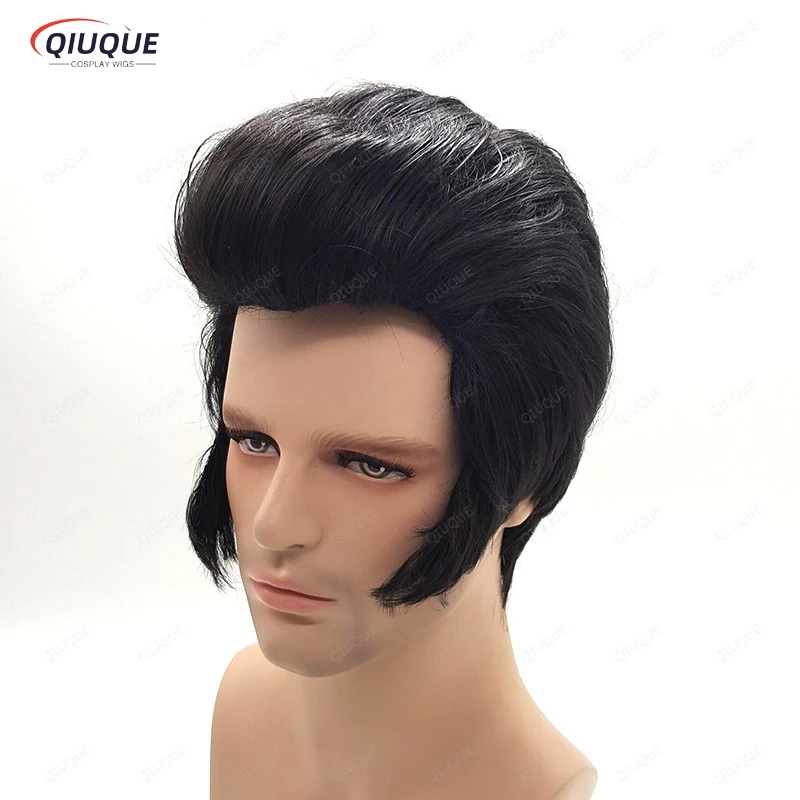 Nuovo! Parrucca Cosplay Elvis per cantanti Rock da uomo Elvis parrucca sintetica resistente al calore nera per capelli + cappuccio per parrucca