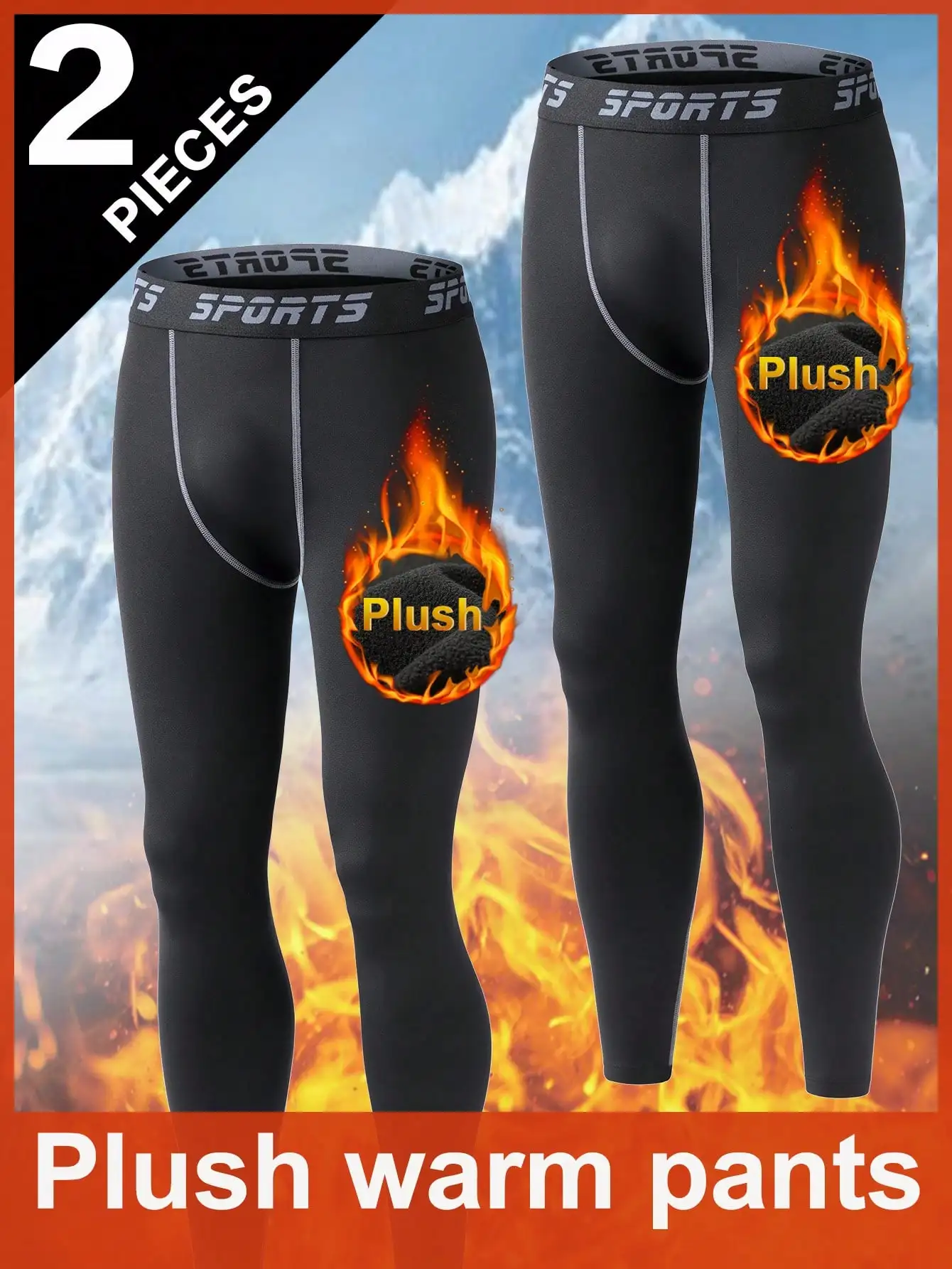 

2-Pack Men's Plush-Lined Thermal Compression Tights, Black, High Elastic for Cold Weather