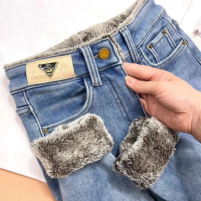 Extra Thick Warm Northeast Cotton Pants! Light Blue High Waist Lamb Fur Fleece Lined Boot Cut Jeans Women Winter Trousers