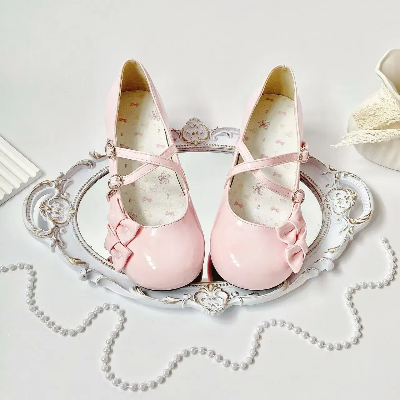 

Kawaii Flats Women's Shoes Lolita Cute Sweet High Heel Pink Shoes Japanese Velcro Bow Pu Summer Mary Jane Shoes Pumps