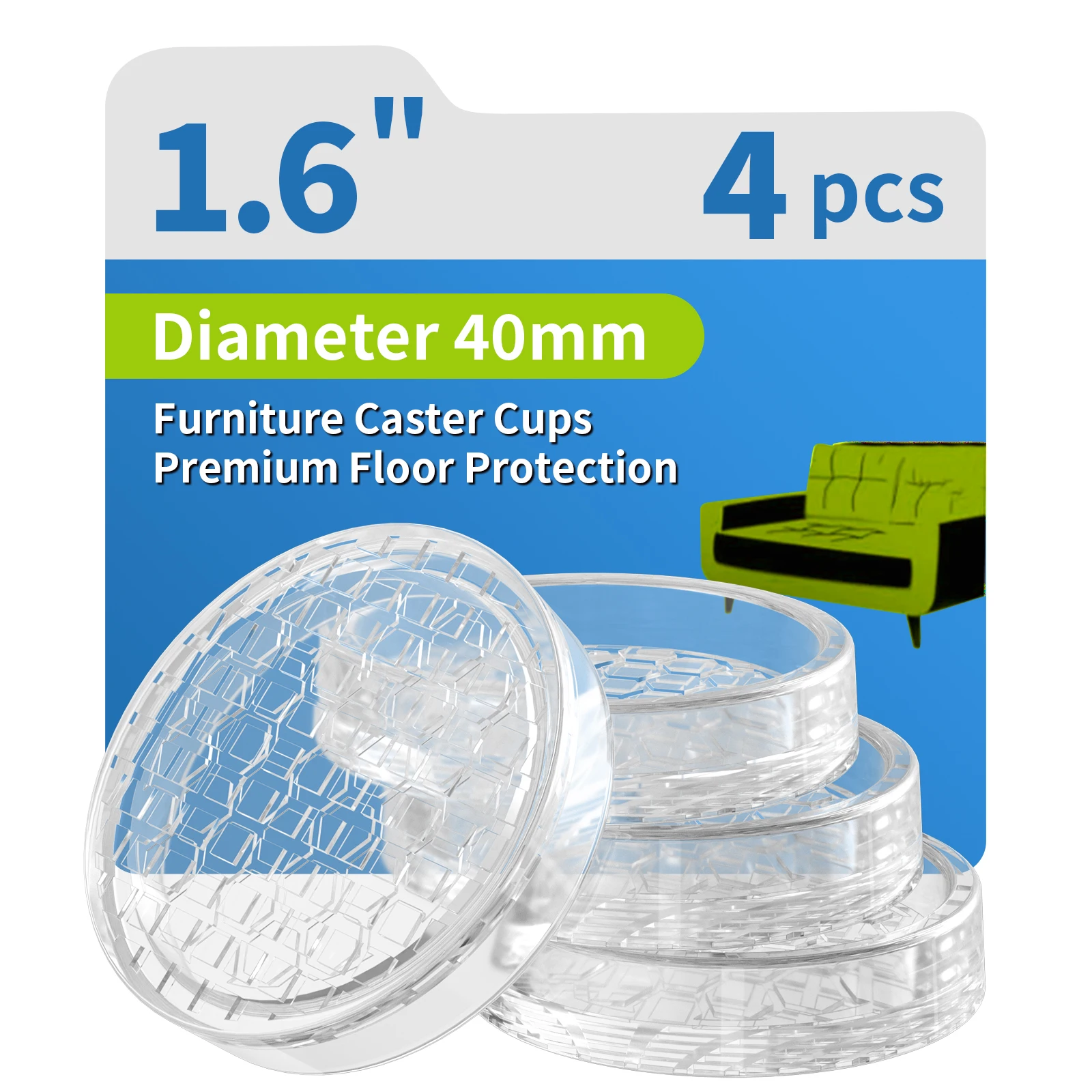 

4PCS 1.6" Non-Skid Furniture Caster Cups Transpareant Rubber Furniture Wheel Stoppers Silent to Protect Hardwood Floors
