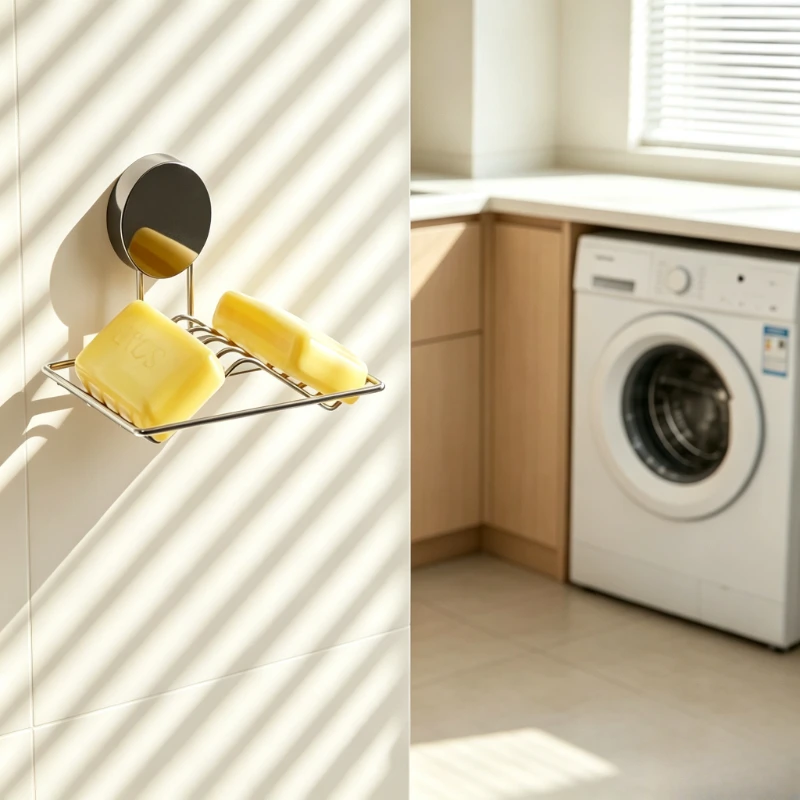 Double-compartment Suction-cup Soap Dish Wall-mounted Soap Holder with Drainage Ventilation Ideal for Bathrooms Laundry Rooms