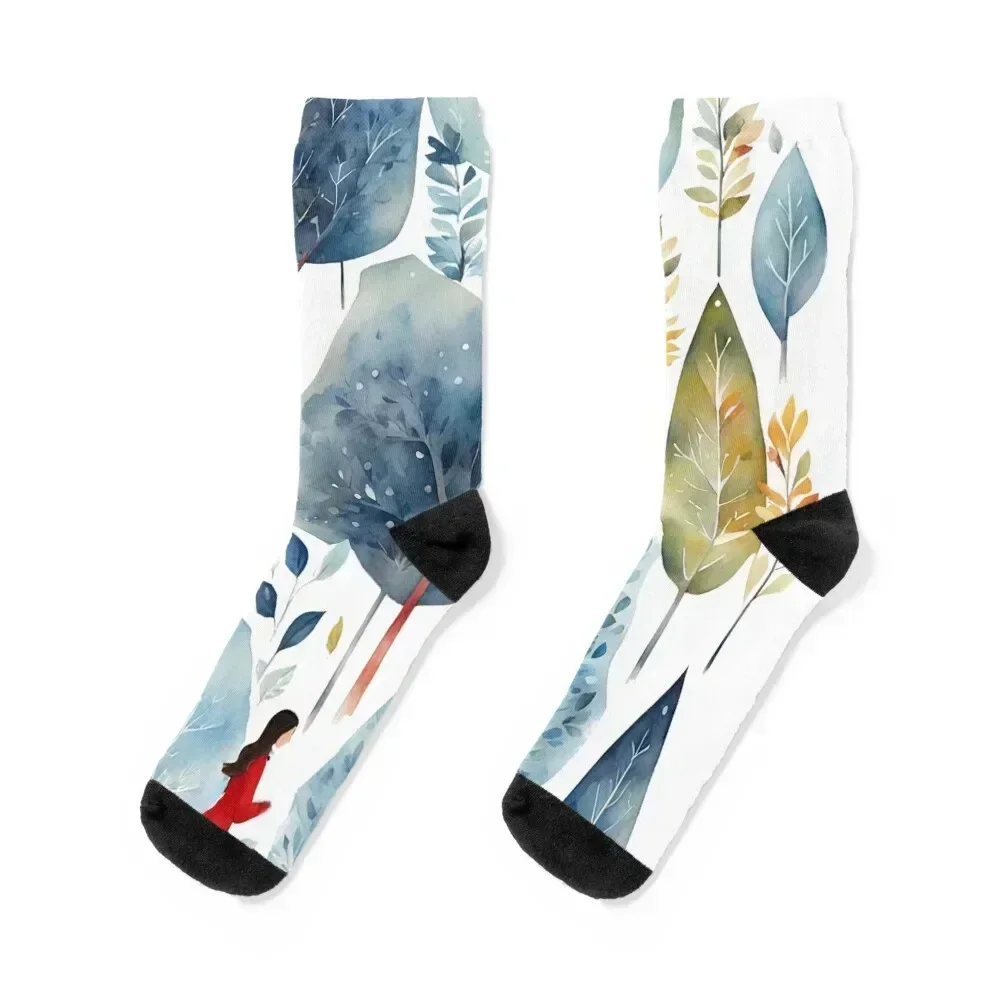 Lady and Dog in the Woods, city story, watercolor Socks Wholesale gift snow anti slip football Socks For Men Women's