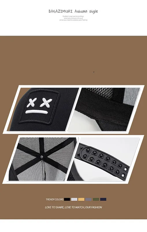 Herren-Baseballkappe mit gesticktem lächelndem Gesicht, modische Trucker-Mütze, verstellbare Outdoor-Sonnenschutz-Freizeitmütze – Detail 2
