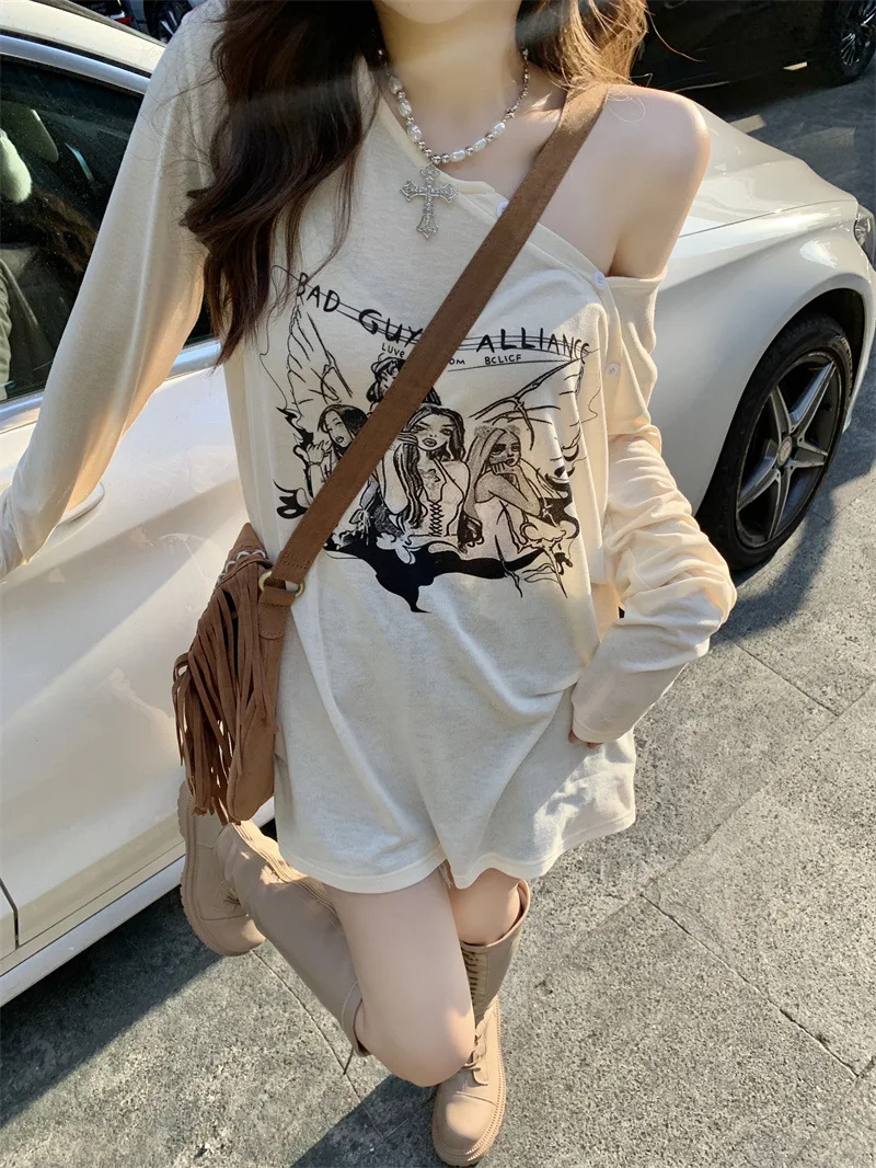 American Retro Off-The-Shoulder Long Sleeve T-Shirt Female Spring Fashion Thin Loose Print Sunscreen Smock Design Sense Y2k Tops