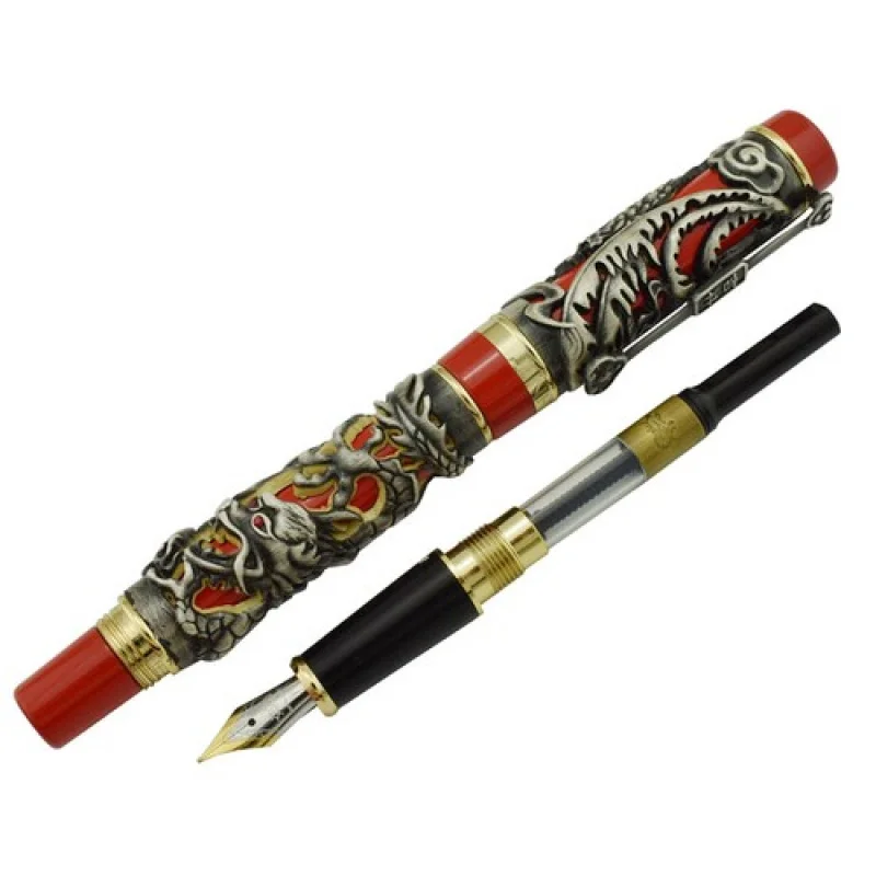 Pluma estilográfica vintage A+ Jinhao Dragon Phoenix, pluma tallada de lujo, gris y rojo