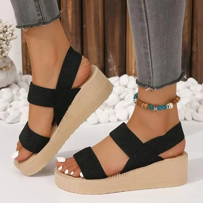 Women's fashion trend anti-slip wear-resistant pure black belt soft soled high-heeled sandals