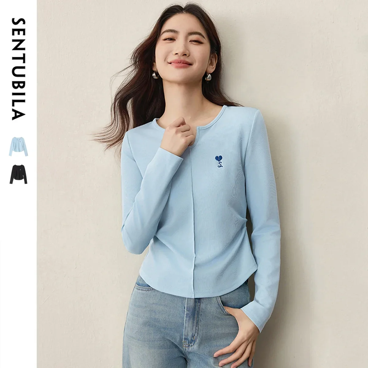 

SENTUBILA Long Sleeve Tees 2026 Autumn Love Letter Embroidery Knitwear For Women Simple V-neck Slim Short T-shirt 161TB6502X