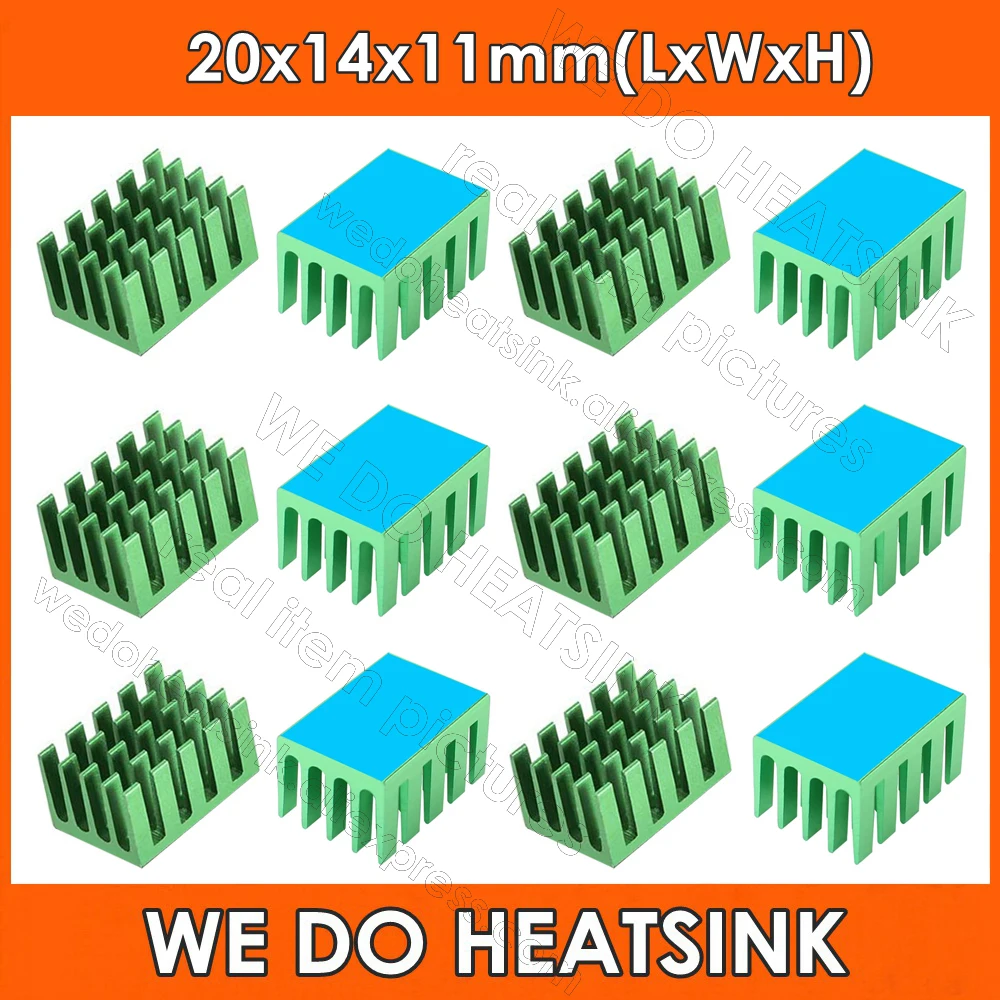 

Wholesale 20x14x11mm Green Anodized Aluminum Heatsink IC CPU Radiator With Thermally Conductive Double Sided Adhesive Tape