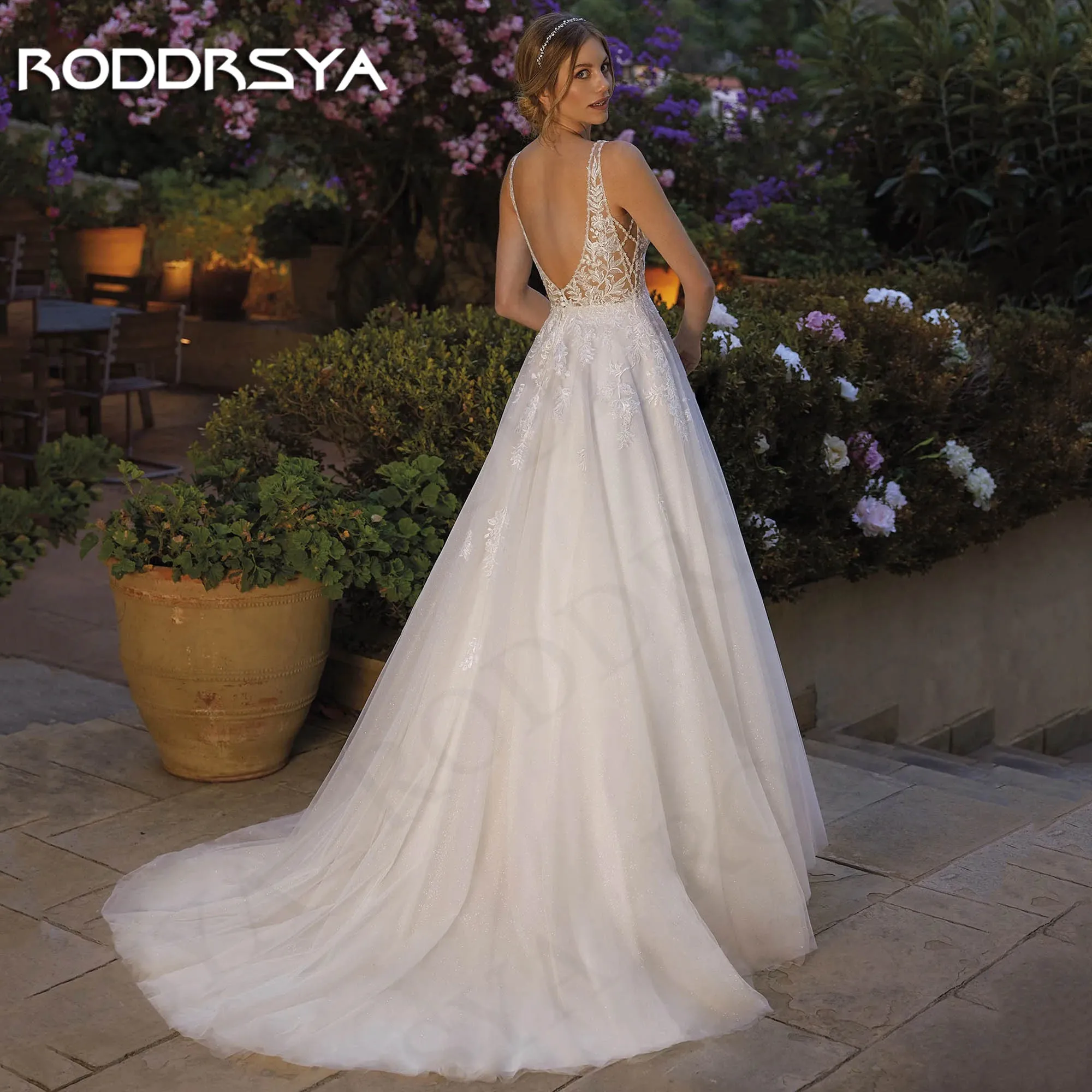 RODDRSYA Elegant Tank Sparkly Wedding Dress For Bride V Neck Lace Backless Tulle Bridal Dresses свадебное платье Sleeveless