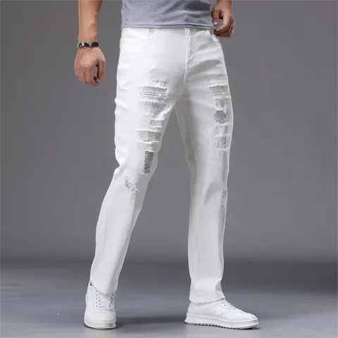 97% Cotton White Stretch Jeans Men's Hip Hop Ripped Hole Denim Pants Streetwear Fashion Slim Y2K Rock Biker Trousers