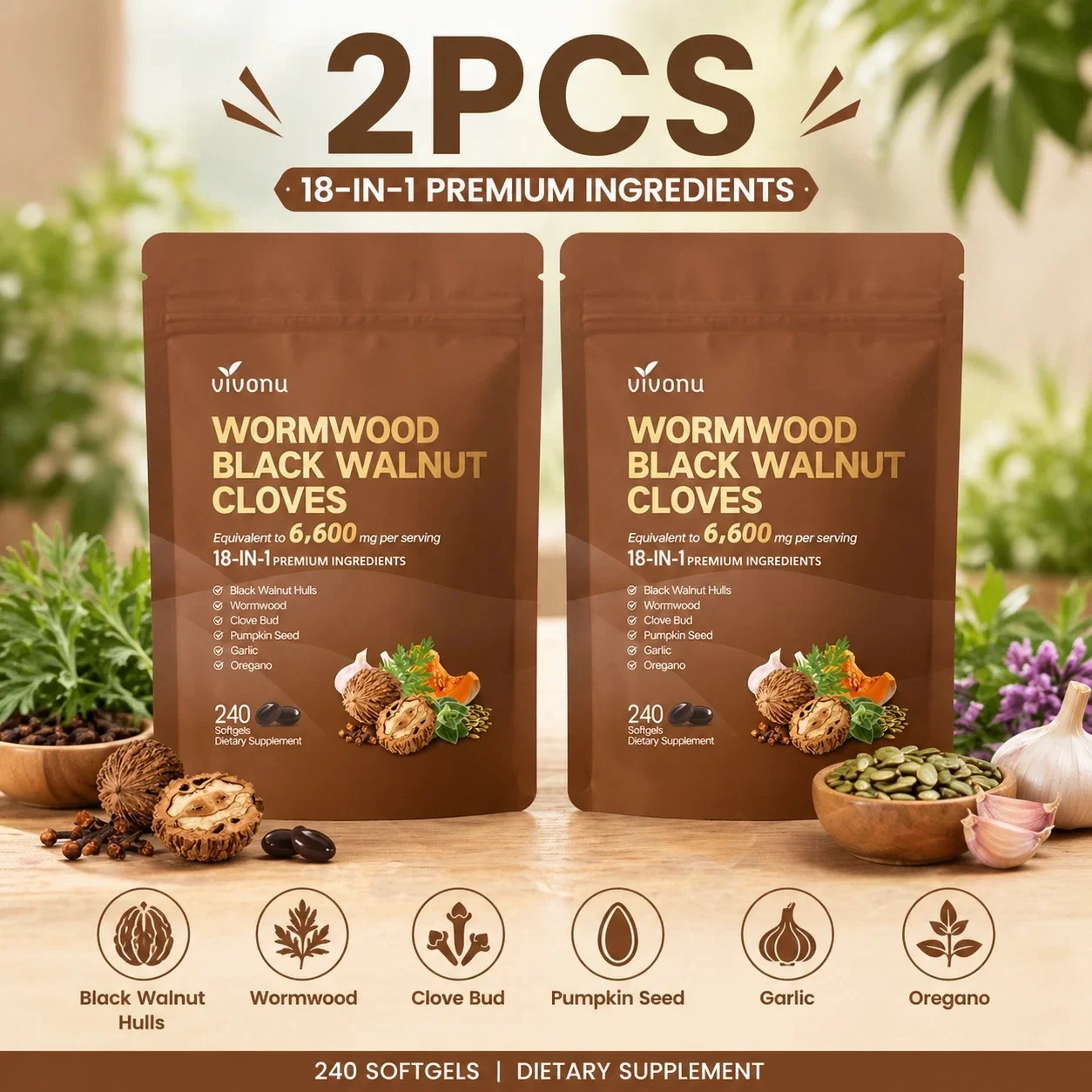 2 Pcs Wormwood Black Walnut Cloves, Boost Metabolism & Energy